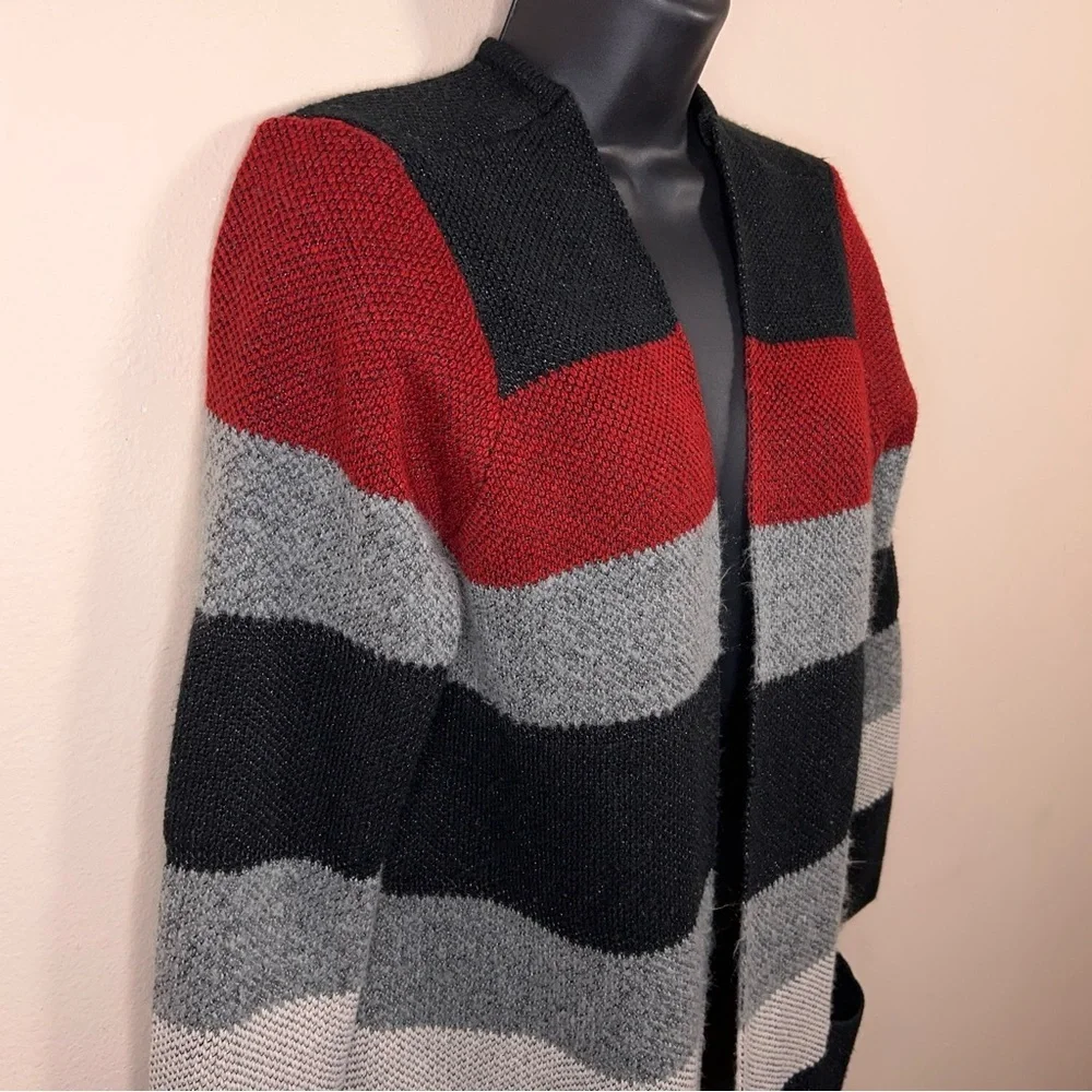 Petite Large IN Studio Colorblock Long Sleeve Open Front Sweater Black Grey Red